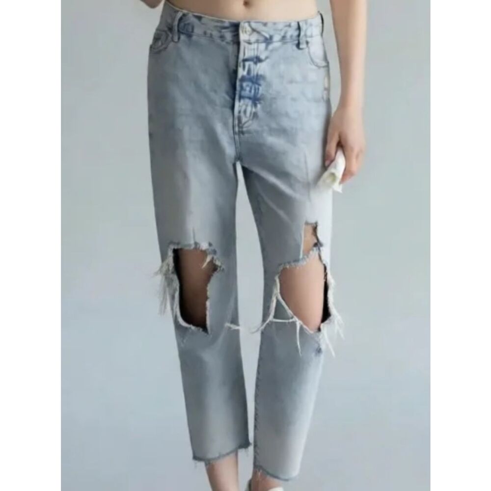 Torn Knees Light Wash O.G. Straight High Rise Distressed Jeans